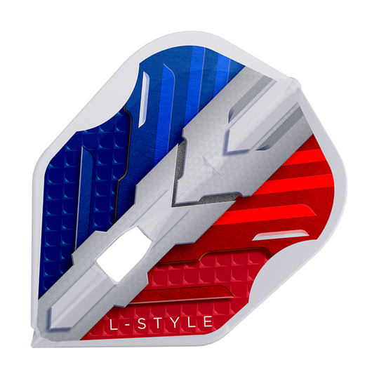 Alette L-Style V-Series V1 Tipo B Francia Bianco Trasparente L3PRO Das Bild zeigt das Produkt "L-Style V-Series V1 Type B France Clear White L3PRO Flights". Die Dart-Flight ist in den Farben Blau, Weiß und Rot gestaltet und trägt die Aufschrift "L-STYLE".