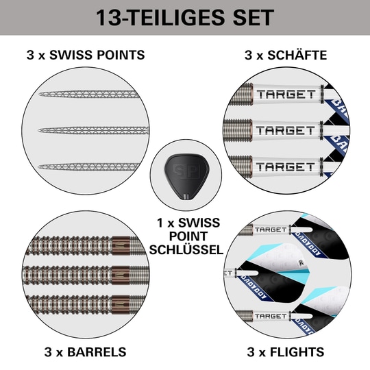 Das Bild zeigt die Target Adam Lipscombe Swiss Points Steeldarts. Sie sind moderne Steeldarts mit Swiss Points System.