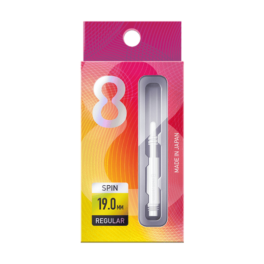 400315_8Flight_Regular_Spin_Shafts_White_19mm_3 Die Abbildung zeigt eine Packung "8 Flight Regular Spin White Shafts". Die Verpackung ist bunt gestaltet und enthält einen weißen Schaft mit der Länge von 19,0 mm.