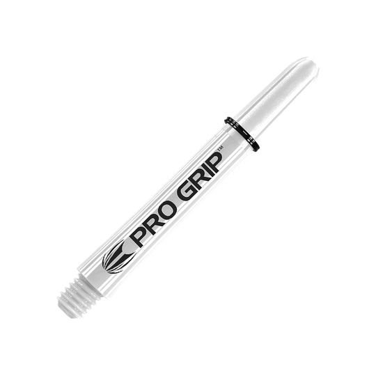 Target Pro Grip Shafts - 3 set - Bianco Das Bild zeigt einen weißen Pro Grip Schaft für Dartpfeile. Auf dem Schaft steht gut sichtbar der Schriftzug "PRO GRIP".