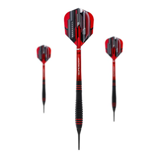 Freccette morbide con impugnatura in gomma Harrows ACE Auf dem Bild sind drei Harrows ACE Rubber Grip Softdarts zu sehen. Die Pfeile haben rote Flights mit schwarzem und silbernem Muster sowie schwarze Griffe mit roten Akzenten.