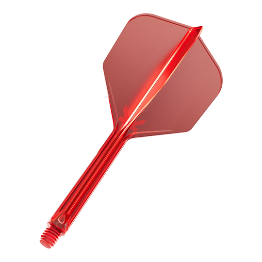 Sistema di volo Target K-Flex No6 - Rosso Das Bild zeigt einen roten Dart-Flügel mit Schaft aus Kunststoff. Er hat eine sechseckige Form und ein Schraubgewinde am Ende.