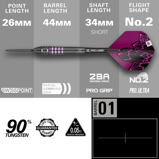 Target Lorraine Winstanley GEN2 Freccette in acciaio Swiss Point - 24 g Target Lorraine Winstanley GEN2 Swiss Point Steeldarts - 24g werden hier aus einer anderen Perspektive gezeigt. Die Abbildung hebt das Griffstück und Design des Dartpfeils hervor.