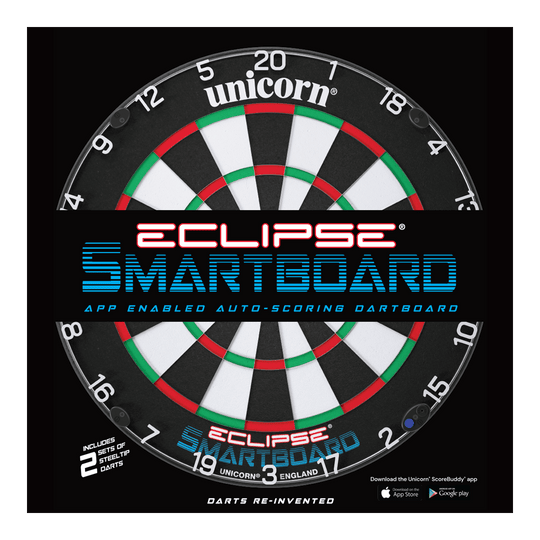 Bersaglio per freccette in acciaio Unicorn Eclipse Smartboard Das Bild zeigt das Produkt "Unicorn Eclipse Smartboard Steeldartboard". Es handelt sich um eine App-unterstützte Steeldart-Scheibe mit automatischer Punkteauswertung.