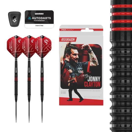 Freccette in acciaio Switch Point Red Dragon Jonny Clayton RD-ADV Abgebildet ist ein Set Red Dragon Jonny Clayton RD-ADV Switch Point Steeldarts. Die Darts sind deutlich zu erkennen und die Beschriftung ist lesbar.