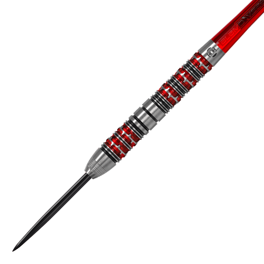 Freccette in acciaio Damon Heta Series 3 di Harrow Das Bild zeigt einen Harrows Damon Heta Series 3 Steeldart. Der Dartpfeil hat ein silbernes Barrel mit roten und schwarzen Akzenten.