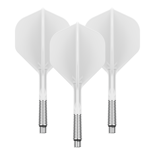 Abgebildet ist ein Dart Flight in Standardform, Modell: KShift No2, weiß, 33mm. Das Produkt wird von Target angeboten.