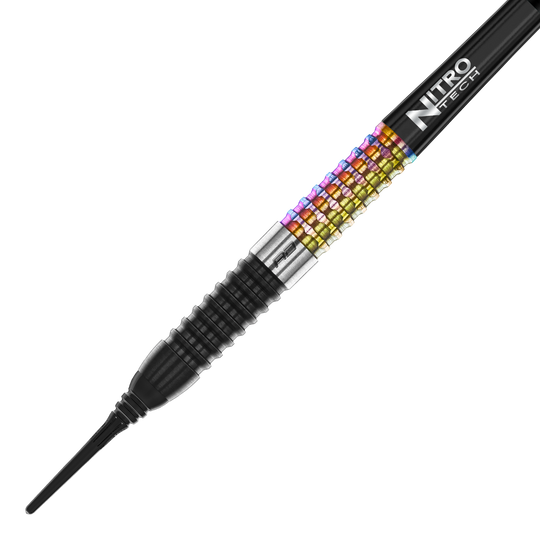 Freccette morbide Red Dragon Peter Wright Corra - 18 g Das Bild zeigt einen Red Dragon Peter Wright Corra Softdart mit 18g Gewicht. Der Dart hat ein farbiges, geriffeltes Griffstück und eine schwarze Spitze.
