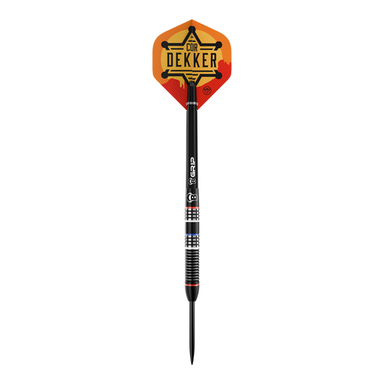 Bulls Cor Dekker The Sheriff Steeldarts - 23 g Das Bild zeigt Bulls Cor Dekker The Sheriff Steeldarts, 23 Gramm schwer. Diese Steeldarts sind für ambitionierte Dartspieler konzipiert.