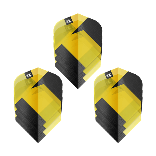 Target Pro Ultra TAG Yellow Ten-X Standard Flights - 3 set Das Bild zeigt drei gelb-schwarze Dart-Flights des Produkts "Target Pro Ultra TAG Gelb Ten-X Standard Flights". Die Flights haben ein modernes, geometrisches Design und werden als 3er-Set angeboten.