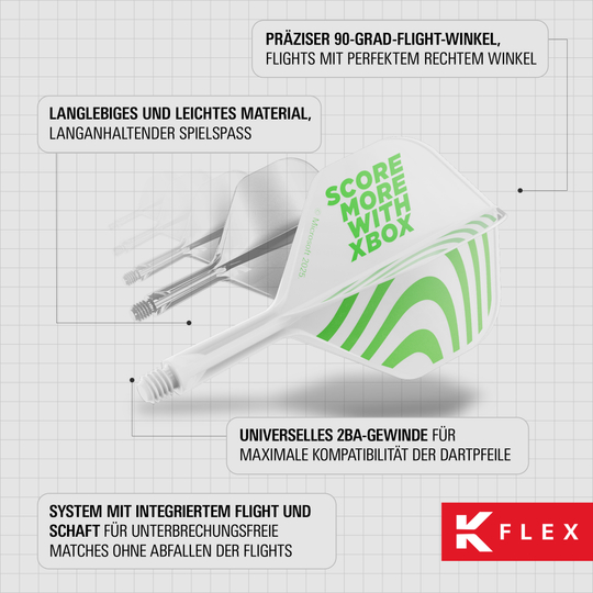 Alette Target Xbox K-Flex No6 - Bianche Abgebildet sind die Target Xbox K-Flex No6 Flights - Weiß. Es handelt sich um weiße Dart-Flights in No6-Form von Target.