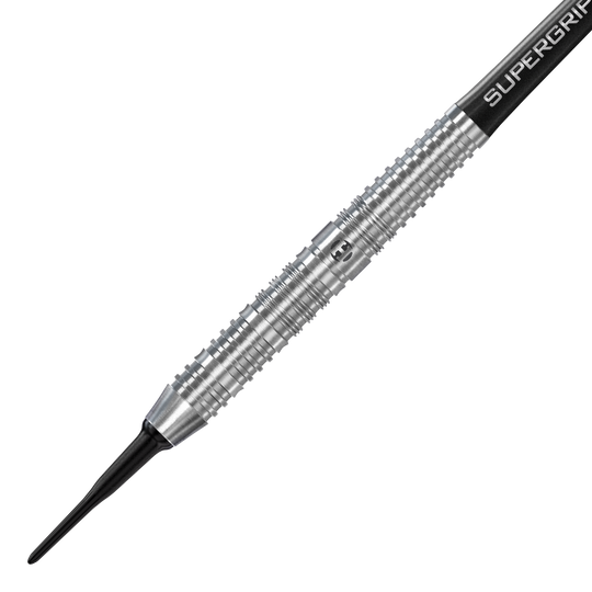Harrows NX90 Softdarts paralleli Das Bild zeigt einen Harrows NX90 Parallel Softdart mit silbernem, geriffelten Barrel. Die Spitze ist schwarz und der Schaft trägt die Aufschrift "SUPERGRIP".