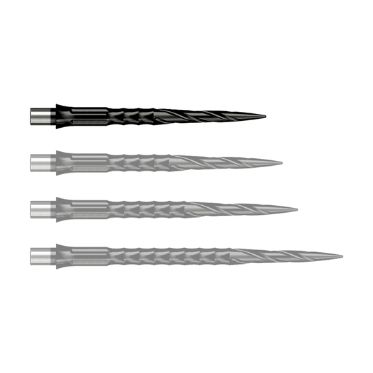 Das Foto zeigt Caliburn Evo System Steeldartspitzen Spiro NoLip Black in 28 mm Länge. Diese Dartspitzen sind in Schwarz gehalten und besonders langlebig.