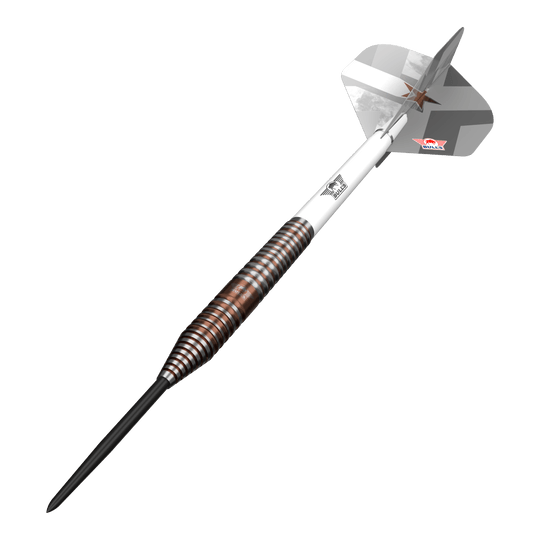 Abgebildet sind Bulls NL Max Hopp E5 Steeldarts. Sie bieten einen guten Griff und eine ausgewogene Gewichtsverteilung.