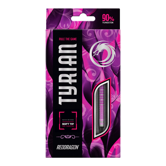 Freccette morbide Red Dragon Tyrian - 22 g Die Abbildung zeigt die Verpackung der "Red Dragon Tyrian Softdarts - 22g". Die Schachtel ist lila und pink gestaltet und hebt hervor, dass die Darts zu 90 % aus Wolfram bestehen.