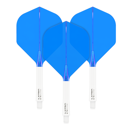 Red Dragon Nitroflite - White Shaft Blue No2 Flights Das Bild zeigt drei blaue Dartflights mit weißen Schäften. Sie sind ordentlich nebeneinander angeordnet und heben sich deutlich vom schwarzen Hintergrund ab.
