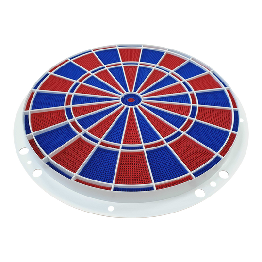 Ricambi Löwen Dart 82 segmenti e set di ragni Das Bild zeigt ein rundes Dart-Segment- und Spider-Set in den Farben Blau und Rot. Es handelt sich um ein Ersatzteil für elektronische Dartscheiben, Modell Löwen Dart 82er.