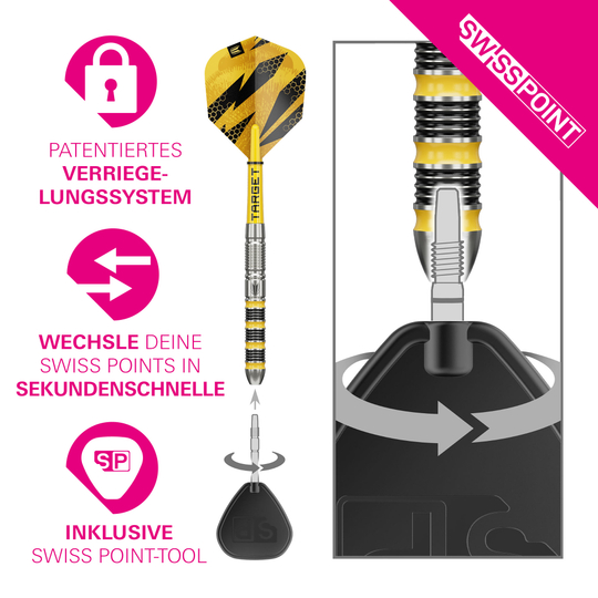Freccette in acciaio Target Buzz 01 Swiss Points Zu sehen sind Target Buzz 01 Swiss Points Steeldarts. Diese Steeldarts sind ideal für den Dartsport geeignet.
