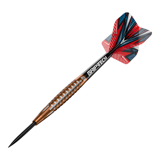 Freccette in acciaio al tungsteno GOAT Quarterback V1 Das Bild zeigt einen GOAT Quarterback V1 Tungsten Steeldart. Der Dartpfeil hat ein auffälliges Design mit einer rot-blauen Flight und einem goldenen Griff mit silbernen Rillen.