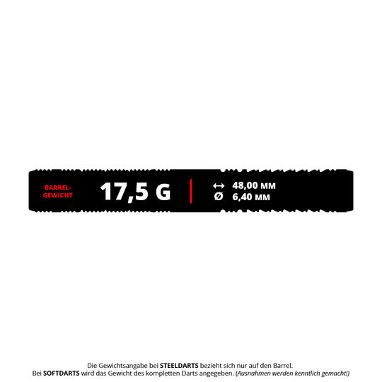 Target Japan Black Marque Reyn GEN2 Freccette morbide - 17,5 g Das Bild zeigt die Produktspezifikationen der Target Japan Black Marque Reyn GEN2 Softdarts mit einem Gewicht von 17,5 Gramm. Die Barrel-Länge beträgt 48,00 mm und der Durchmesser 6,40 mm.