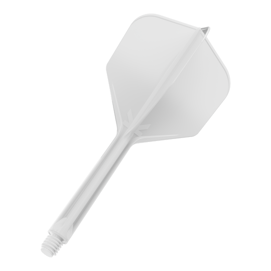 Target K-Flex No6 Flight System - Bianco Das Bild zeigt einen weißen Dart-Flightschaft mit integriertem Flight. Er hat ein einfaches, transparentes Design und ein Schraubgewinde am Ende.