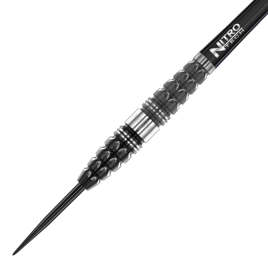 Dardi in acciaio Paradym Torpedo del drago rosso Das Bild zeigt einen Red Dragon Paradym Torpedo Steeldart. Der Dart hat ein schwarzes und silbernes, strukturiertes Barrel und eine Spitze aus Metall.