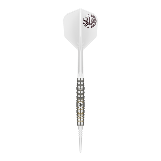 Target Japan Prime Series Mayujo Morita GEN6 Freccette morbide - 18 g Das Bild zeigt einen Softdart der Serie "Target Japan Prime Series Mayujo Morita GEN6" mit einem Gewicht von 18g. Der Dart hat eine weiße Flight mit Logo und einen silberfarbenen, fein gerillten Barrel.