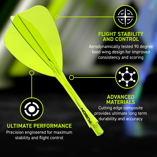 Winmau Fusion Flight Shaft System Freccia Giallo Neon Das Bild zeigt das Winmau Fusion Flight-Shaft-System Arrow Neon Yellow. Es handelt sich um einen neon-gelben Flight-Shaft für Darts.