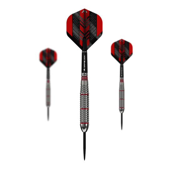 Freccette Mission Rogue in ottone e acciaio - 22 g Das Bild zeigt drei Mission Rogue Brass Steeldarts mit einem Gewicht von 22g. Die Darts haben rote und schwarze Flights sowie silberne, gerillte Barrels.
