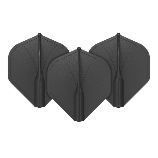 Auf dem Bild sind drei schwarze Dart-Flights zu sehen. Sie stehen aufrecht nebeneinander und haben eine standardmäßige, geformte Flügelform.