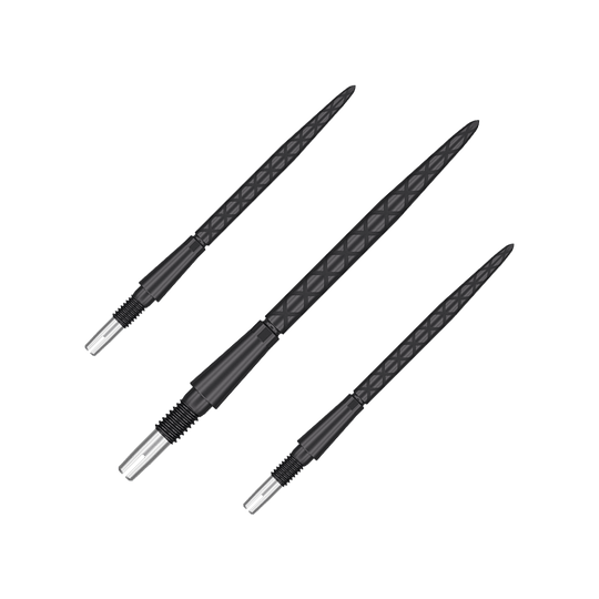 Punte per freccette Target Swiss Storm Diamond Point - Nere Auf dem Bild sind drei schwarze Dartspitzen mit Rautenmuster zu sehen. Sie sind parallel nebeneinander angeordnet.