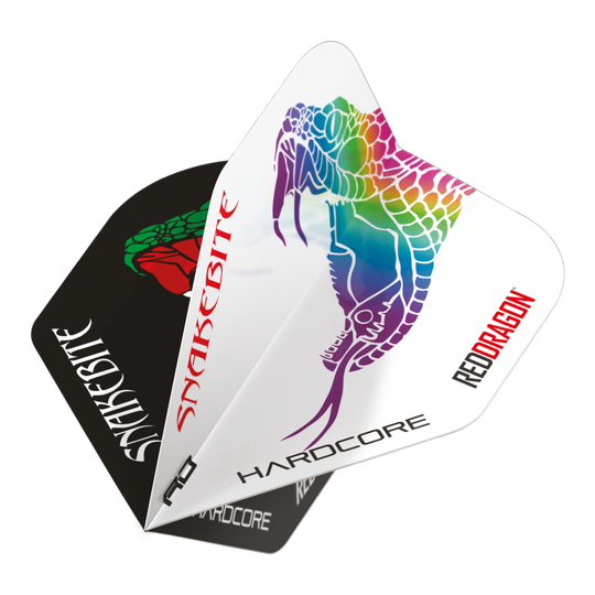 Voli standard Red Dragon Peter Wright Snakebite Black White Yin Yang Das Bild zeigt die Red Dragon Peter Wright Snakebite Black White Yin Yang Standard Flights für Darts. Auf den Flights sind bunte Schlangenmotive und die Schriftzüge "Snakebite" und "Red Dragon" zu sehen.