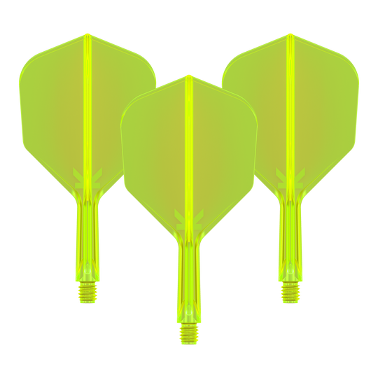 Target K-Flex No6 Flight System - Giallo Neon Das Bild zeigt drei neongelbe Dartflights mit integrierten Schäften. Sie sind nebeneinander angeordnet und auf schwarzem Hintergrund zu sehen.