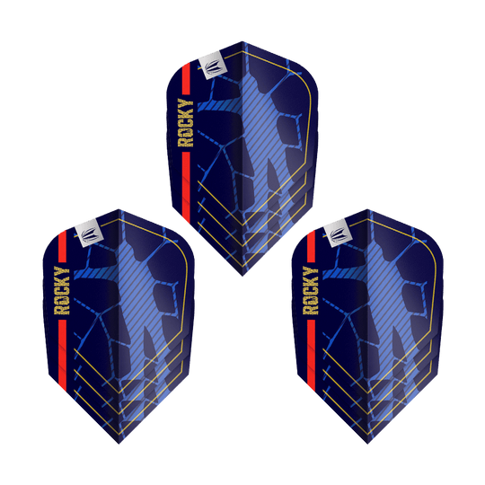 Target Pro Ultra Josh Rock GEN1 Ten-X Flights - 3 set Das Bild zeigt drei Sets der "Target Pro Ultra Josh Rock GEN1 Ten-X Flights". Die Flights sind dunkelblau mit gelben und roten Akzenten und dem Schriftzug "ROCKY".