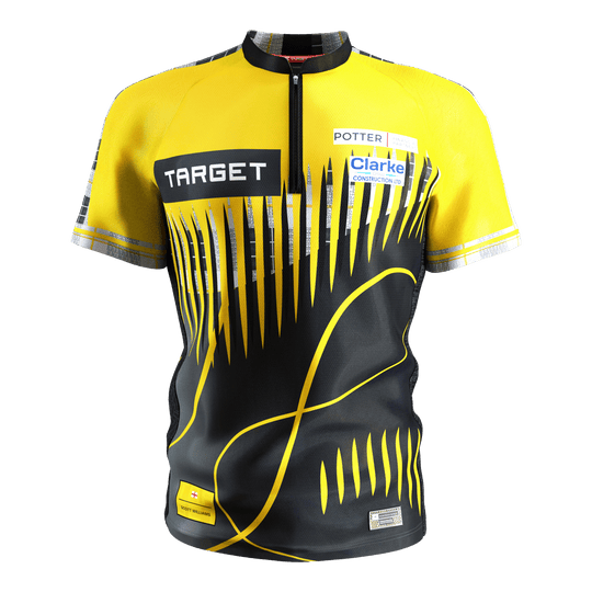 Das Bild zeigt ein Dartshirt in den Farben Gelb und Schwarz mit auffälligem modernem Muster. Auf dem Shirt sind mehrere Sponsorenlogos, darunter "TARGET", zu sehen.