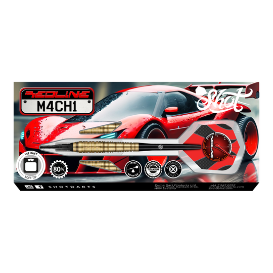 Freccette morbide Shot Redline Mach 1 - 20 g Das Bild zeigt die Verpackung der "Shot Redline Mach 1 Softdarts - 20g". Auf der Packung ist ein roter Sportwagen zusammen mit einem abgebildeten Softdart-Pfeil zu sehen.