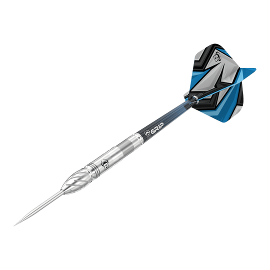 Bulls Stone S1 Steeldarts Das Bild zeigt einen Bulls Stone S1 Steeldart. Der Dartpfeil hat eine silberne Spitze und einen Schaft mit blauen und schwarzen Akzenten am Flight.