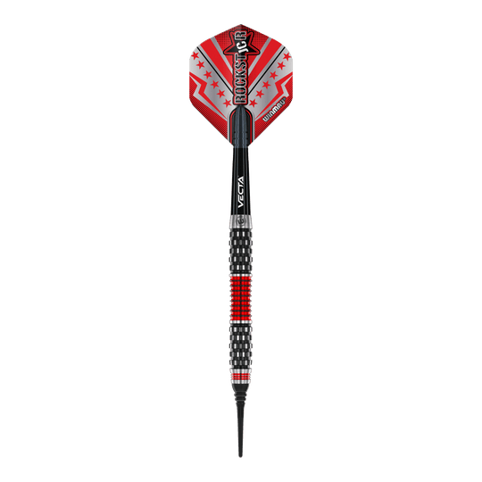 Freccette morbide Winmau Joe Cullen Rockstar Series RS1 - 20 g Dieses Bild zeigt einen Winmau Joe Cullen Rockstar Series RS1 Softdart mit einem Gewicht von 20g. Der Dart ist schwarz und rot gestaltet und hat einen auffälligen Flights mit dem Aufdruck "Rockstar".