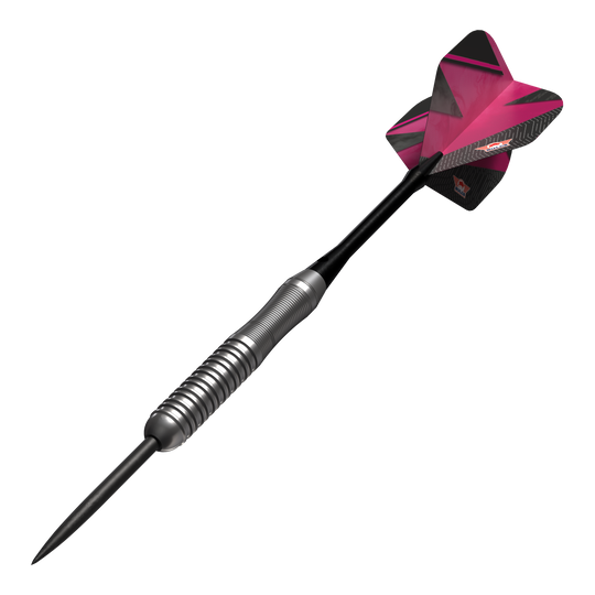 Freccette in acciaio Bulls NL Lightning Pink Das Bild zeigt einen Steeldartpfeil mit silbernem Griff und einer pink-schwarzen Flights. Es handelt sich um das Produkt "Bulls NL Lightning Pink Steeldarts".