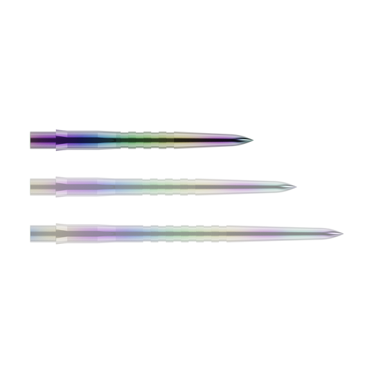 Punte per freccette Mission Caliburn EVO - Scanalate - Corallo Das Bild zeigt drei bunte, metallische Dartspitzen in einer Reihe. Sie haben eine glatte Oberfläche mit leichten Rillen und glänzen in verschiedenen Farben.