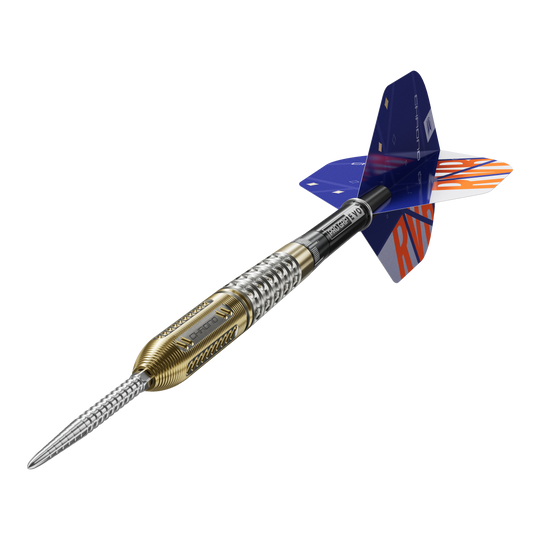 Auf dem Bild ist ein Steeldart der Marke Target zu sehen, Modell "Raymond Van Barneveld Chrono 95 Swiss Point". Der Dartpfeil hat ein metallisch silber-goldenes Barrel und bunte Flights mit der Aufschrift "RVB".