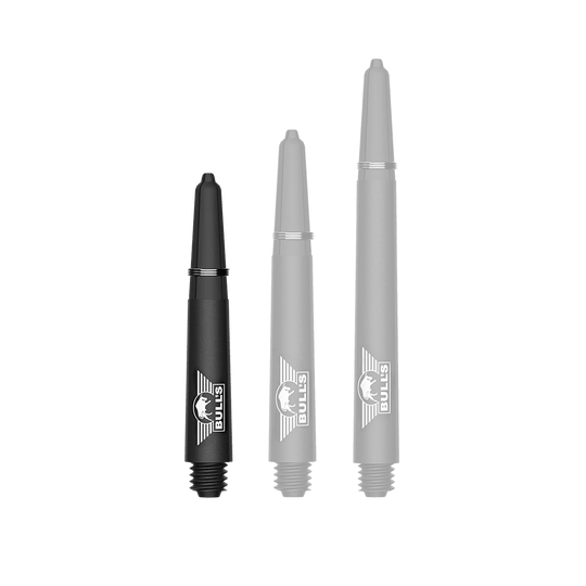 Aste in carbonio Bulls NL Capo - Nere Ein Bild mit dem Dateinamen BU55340_BullsNL_Capo_Carbon_Shafts_Schwarz_Short_34mm_1. Zu sehen ist wahrscheinlich ein kurzer schwarzer Carbon-Shaft für Darts.
