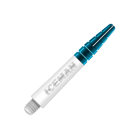 C634_Red_Dragon_Nitrotech_Gerwyn_Price_Shafts_White_36mm_2 Das Bild zeigt einen weißen Dartshaft mit der Aufschrift "ICEMAN" darauf. Am oberen Ende ist der Shaft transparent blau gefärbt.