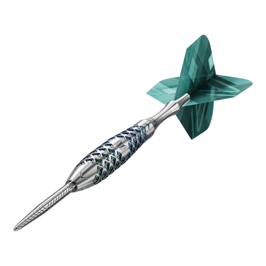 Freccette in acciaio Target Rove 02 Swiss Point Das Bild zeigt einen Target Rove 02 Swiss Point Steeldart. Der Dartpfeil hat ein silbernes, strukturiertes Barrel und grüne Flights.