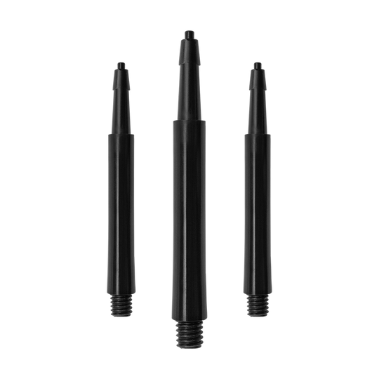 Das Bild zeigt drei schwarze Harrows Clic Standard Shafts. Diese Schäfte sind für den Einsatz bei Darts bestimmt.