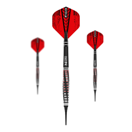 Freccette morbide Red Dragon Rifle - 20 g Das Bild zeigt drei Softdarts des Modells „Red Dragon Rifle Softdarts - 20g“. Die Darts haben schwarze und rote Flights mit silber-schwarzem Schaft und Spitze.