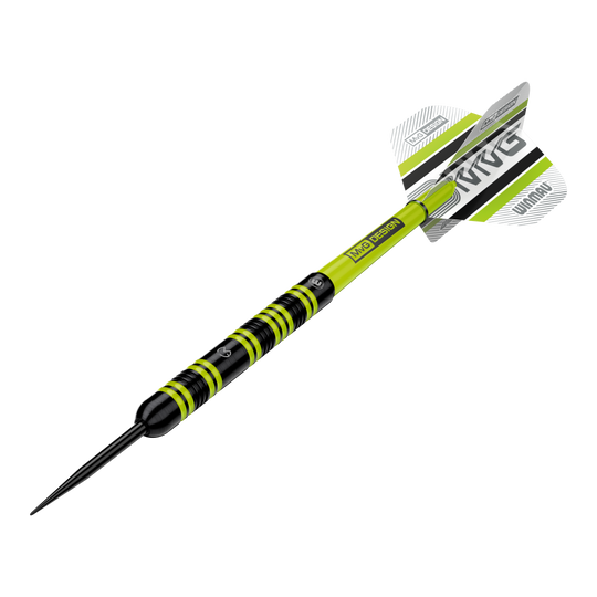 Freccette in acciaio Winmau Michael Van Gerwen 85 Pro-Series Das Bild zeigt einen Winmau Michael Van Gerwen 85 Pro-Series Steeldart. Der Dart hat ein auffälliges Design mit schwarzen und leuchtend grünen Akzenten sowie einem MVG-Logo auf den Flights.