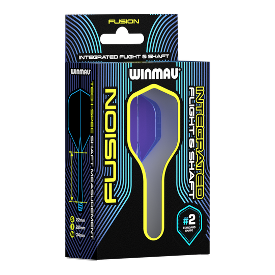 Sistema di alberi di volo Winmau Fusion Standard Blu Auf dem Bild ist eine Verpackung des Winmau Fusion Integrated Flight & Shaft Systems zu sehen. Die abgebildete Variante ist blau und hat eine Länge von 22 mm (#2 Standardform).