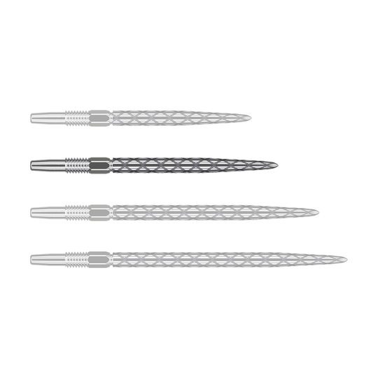 Punte per freccette Target Swiss Diamond Pro Silver Points Auf dem Bild sind vier silberne Dartspitzen in einer Reihe zu sehen. Sie haben ein markantes Rautenmuster auf der Oberfläche.