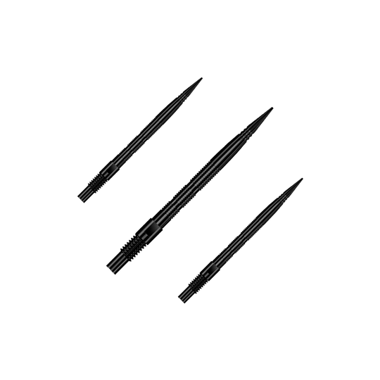Das Bild zeigt ein Set aus schwarzen Dartspitzen mit Rillen. Dieses Zubehör wird für Dartpfeile verwendet.